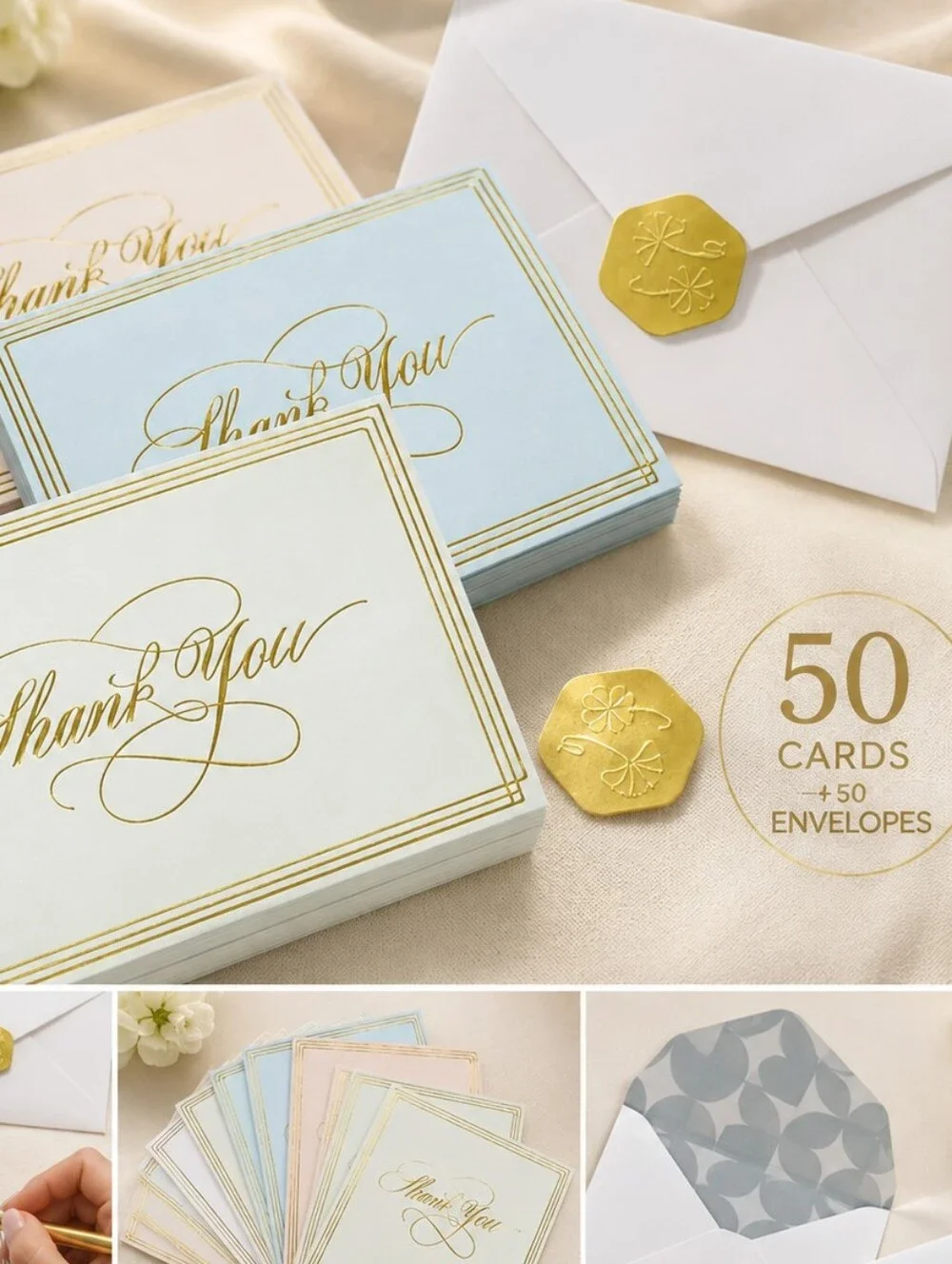 🍎 50-Pack Gold Foil Thank You Cards with Envelopes & Seal Stickers – 3.5